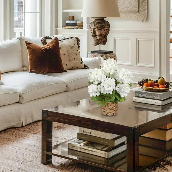 Artificial Flower White Basket Plant Potted Silk Realistic Lush Home Table Decor - Picture 2 of 6